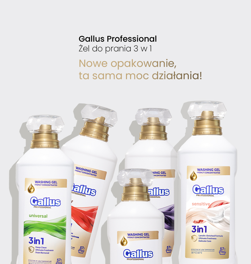 Sześć butelek żeli do prania 3w1 Gallus Professional ustawionych obok siebie na jasnym tle, prezentujących nową szatę graficzną opakowań.