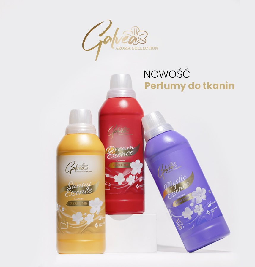 Trzy butelki perfum do tkanin ustawione obok siebie na jasnym tle, prezentujące wersje zapachowe dostępne w linii